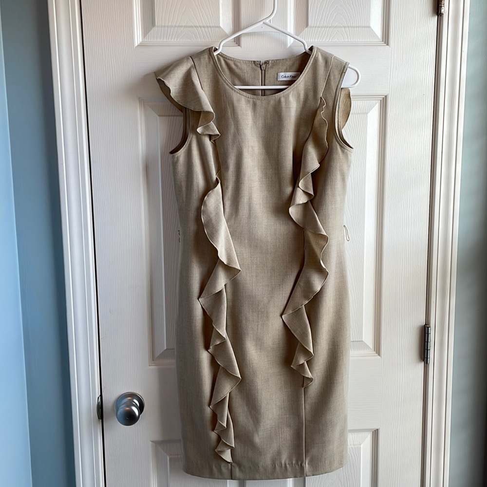 Calvin Klein Size 6 Asymmetrical Ruffled Khaki Sheath Dress